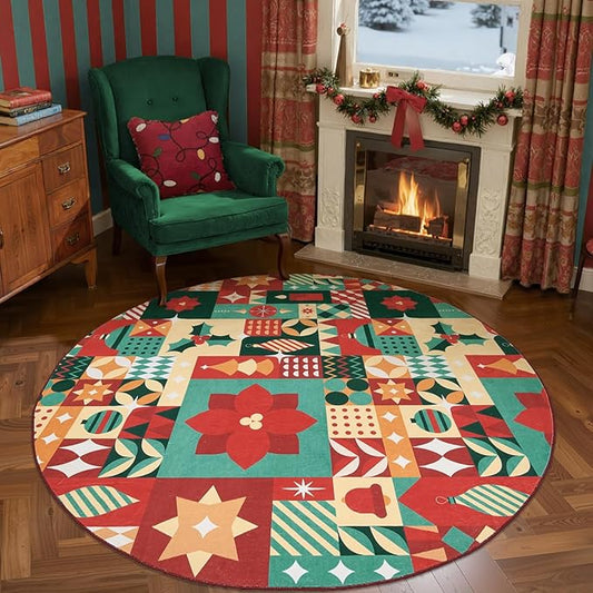 jinchan Round Christmas Rug 6ft for Living Room Washable Circle Christmas Dining Room Rug 6' Round Xmas Geometric Non-Slip Soft Carpet Festive Red-Green Holiday Patch Decor for Bedroom Porch Foyer