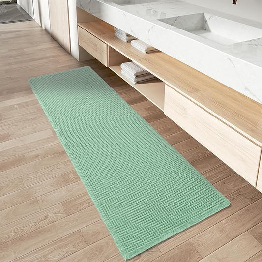 AMOAMI Upgraded Waffle Runner Rug Super Absorbent Non Slip Bath Mats for Bathroom Machine Washable Bathroom Runner Rug with Tassels, Ideal for Hallway Bedroom Laundry Room, 17" x 48", Sage
