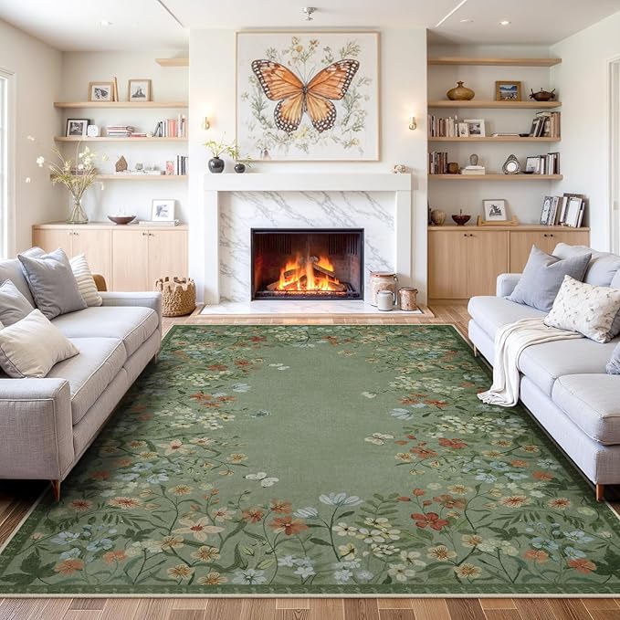 Wonnitar Washable Area Rug 6x9, Green Floral Living Room Rugs, Non-Slip Soft Dining Room Table Rug, Botanical Bedroom Rug Floor Carpet for Mud Room Basement (Green,6'x9')