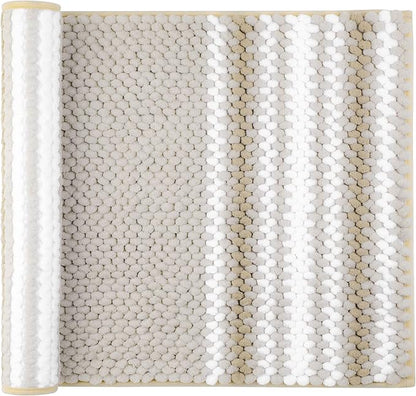 PiccoCasa Chenille Bathroom Rug, Soft Fluffy Absorbent Bath Mat, Medium Pile Striped Carpet Washable Non Slip Bathroom Floor Mats(20"x32",Khaki & White)