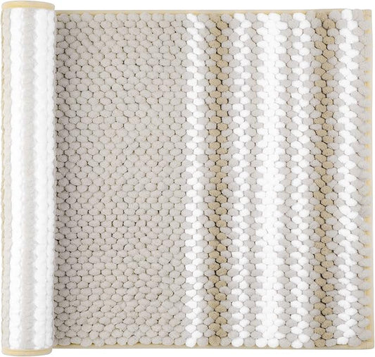 PiccoCasa Chenille Bathroom Rug, Soft Fluffy Absorbent Bath Mat, Medium Pile Striped Carpet Washable Non Slip Bathroom Floor Mats(20"x32",Khaki & White)