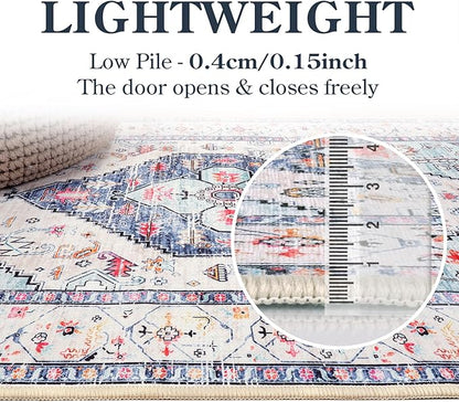 Lahome Boho Round Rug - 9Ft Washable Area Rug, Non-Slip Small Bathroom Rug, Lightweight Bedroom Throw, Oriental Distressed Print Carpet for Entryway, Sofa, Nursery, Kids Room