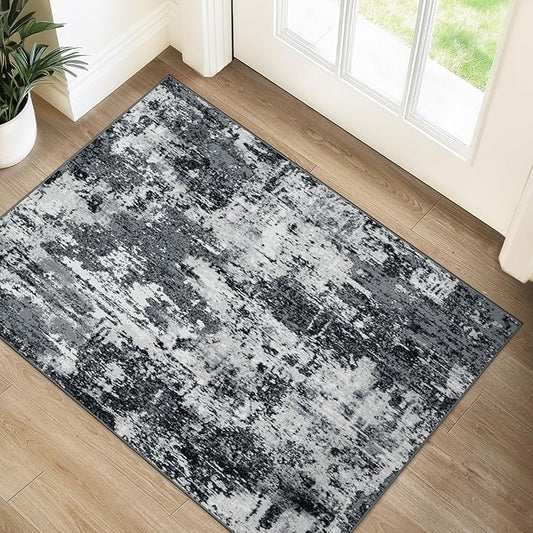 Washable Area Rugs 2'x3' Non-Slip Modern Abstract Soft for Living Room Entryway Bedroom Nursery, Print Pattern, Black Gray