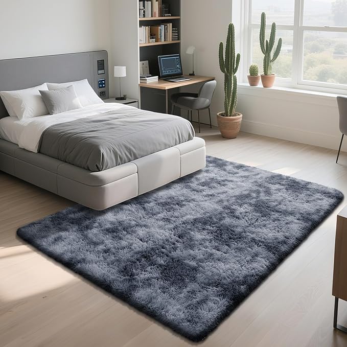 Fluffy Rug Shaggy Area Rug, Mottling Dark Grey 5x8 Area Rugs for Bedroom, Small Bedside Rug, Soft Fluffy Shaggy Entryway Throw Rugs for Living Room Bedroom Kids Room Home Decor