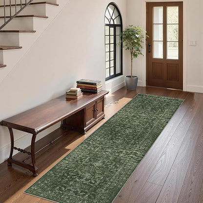 Washable Area Rug 2.6x8 Green Runner Rugs for Living Room, Vintage Boho Hallway Large Rug for Bedroom Dining Room Office, Distressed Floral Carpet for Under Table, Soft Non Slip Low Pile Throw Carpet