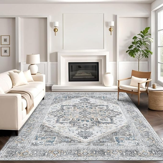 Bavni Area Rug 5x7 for Living Room Bedroom Dining Room, Boho Tribal Machine Washable Rug Print Vintage Aesthetic Gray Carpet, Floor Cover, Low Pile Lightweight Non Slip