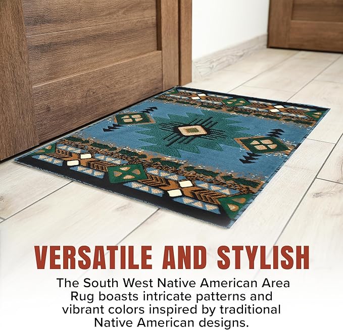 YHSF South West Native American Area Rug C318 - Easy Clean, Thick, Soft, Durable Native Tribal American Indian Inspired Rug for Bedroom/Living Room and More - Blue-Green, 3 ft 10 in x 5 ft 2 in
