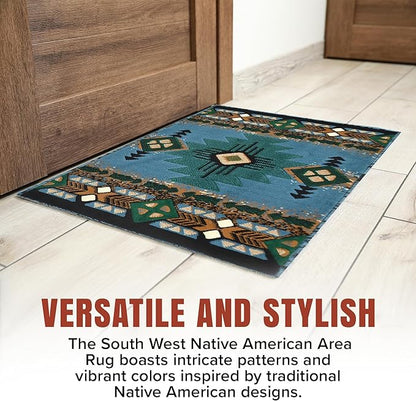 YHSF South West Native American Area Rug C318 - Easy Clean, Thick, Soft, Durable Native Tribal American Indian Inspired Rug for Bedroom/Living Room and More - Blue-Green, 2 Feet x 7 Feet