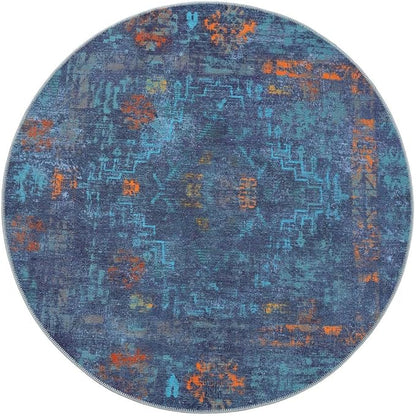 GLN Rugs Contemporary Collection - Machine Washable Area Rug, Contemporary Washable, Non Slip, Low Pile Chenille Rug, Living Room, Bedroom, Kitchen Rug (5'3" Round Midnight/Multi)