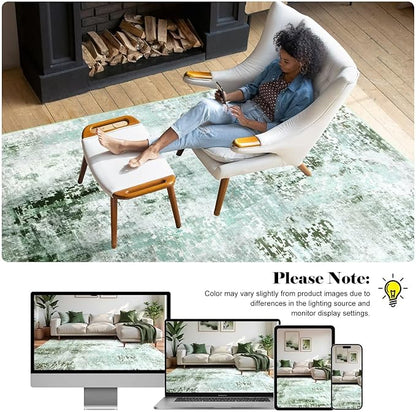 Washable Abstract Rug, 4x6 Modern Area Rugs with Non-Slip Rubber Backed for Living Room, Thin but Soft Contemporary Carpet Kitchen Bedroom Decor, Green