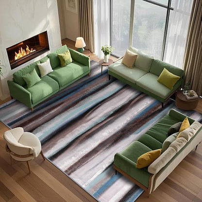 Abstract 5x7 Area Rug, Modern Stripe Pattern Teal Rugs for Living Room, Washable Soft Large Non-Slip Floor Carpet for Dining Room Office Bedroom - Blue/Brown/Multi