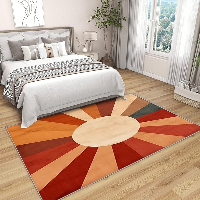 70s Rugs for Living Room -Retro Sun Rug, 5x8 ft, Mid Century Sun Area Rug, Red and Orange Washable Non-Slip Stain Resistant, Boho Retro 70s Home Decor & Gifts