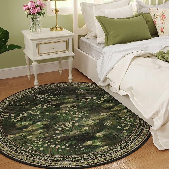 Rugcomf Circle Rug Impressionist-Style Vintage Round Rug 4ft Non Slip Low Pile Small Circular Rug for Bedroom Bathroom Entryway Kids Room Office College Dorm, Green