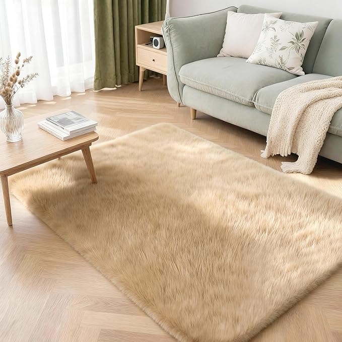3x5 Solid Fluffy Camel Area Rug – Washable, Durable, Living Room Rug, Non-Slip High Pile Shag Rugs for Bedroom, Living Room, Bedside, Dorms, Nursery Rooms, Kids Room, Soft Indoor Floor Carpet