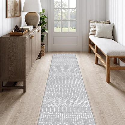 Lahome Moroccan Washable Rug Runner 2x10 Non-Slip Runner Rug for Kitchen Stain Resistant Grey Carpet Runners for Hallway 10 Ft, Modern Geometric Print Soft Floor Carpet for Bathroom Entryway Foyer