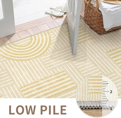 Bavni Washable Runner Rug, Soft Modern Printed Rug Runner, Abstract 2x5 Runners for Hallways, Kitchen, Laundry, Abstract Yellow Beige