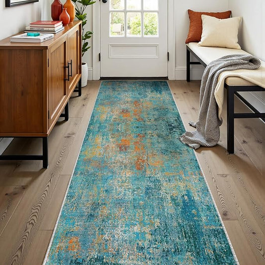 Washable Area Rugs 2'x8' Non-Slip Modern Abstract Soft for Living Room Entryway Bedroom Nursery, Print Pattern, Teal Blue Green Orange Rust Red Coloreful
