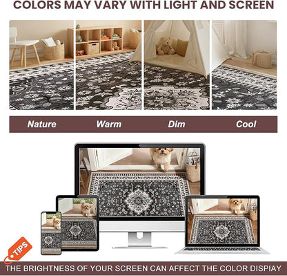 2' x 3' Black Washable Area Rugs, Non-Slip Entryway Rug, Boho Low Pile Door Mat Indoor Entrance, Floral Medallion Pattern Vintage Rugs for Kitchen Bedroom Bathroom Laundry Living Room Farmhouse