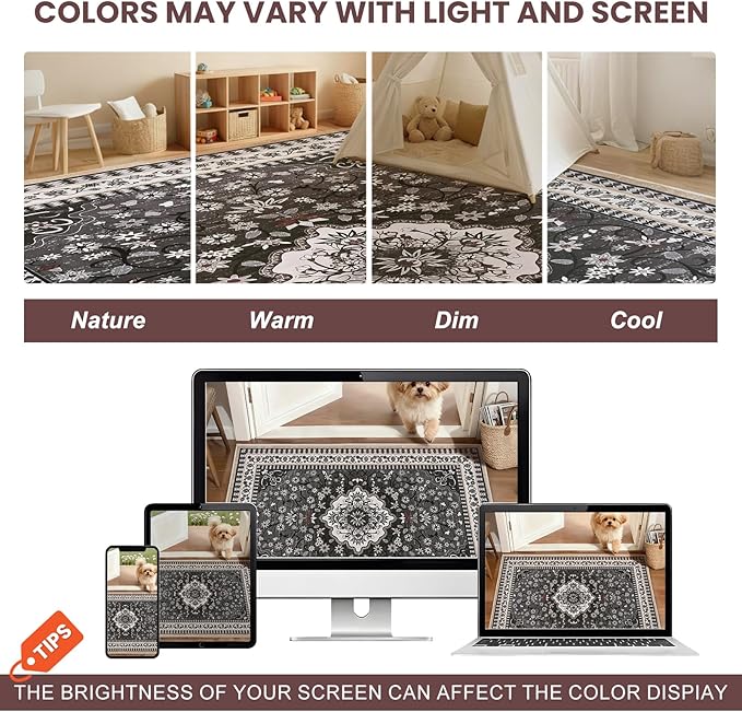 Luxury 5' x 7' Black Washable Area Rugs, Boho Low Pile Easy Clean Non-Slip Rug, Floral Medallion Pattern Vintage Rugs for Living Room, Dinning Room, Office, Bedroom, Bathroom, Laundry Room, Farmhouse