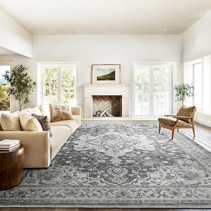 Marsail 8x10 Washable Area Rug, Soft & Slip-Resistant Large Area Rug with Reinforced Bound Edges, Vintage Short-Pile Washable Rug with Floral Pattern for Living Room, Dinning Room and Bedroom, Grey