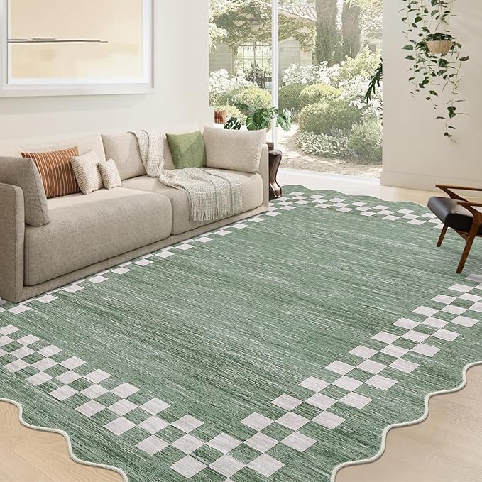 GarveeHome 8x10 Area Rug for Living Room Scalloped Washable Large Bedroom Rug Non Slip Stain Resistant Modern Border Dining Room Throw Carpet Scalloped Boho Rug for Home Decor Office Nursery, Green