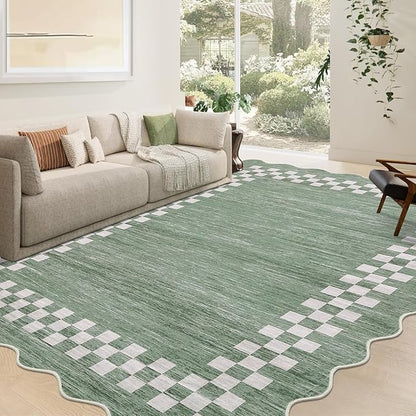 GarveeHome Scalloped Washable Rug 9x12 Area Rug for Living Room Modern Border Large Bedroom Throw Carpet with Rubber Backing Stain Resistant Boho Rug for Dining Room Home Decor Office, Green