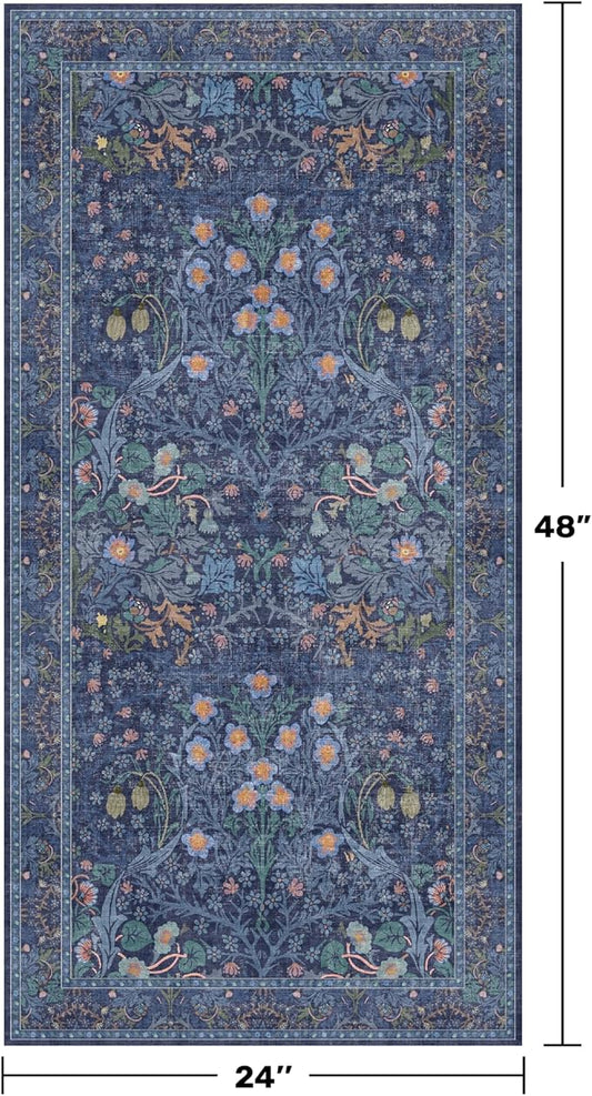 Dark Blue Washable 2x4 Entry Rug - Front Door Rugs Indoor, Vintage Floral Style Small Rug for Kitchen, Bathroom, Non-Slip Boho Navy Entryway Décor