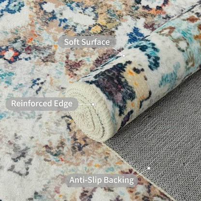 Easy-Going Area Rug 6x9 Washable Boho Rugs for Living Room Non-Slip Bedroom Rug Low Pile Lightweight Medallion Distressed Throw Rug for Dining Room Kitchen Home Office Carpet, Vintage Multi