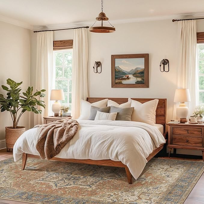 Kokia 5x7 Washable Area Rugs Terracotta with Vintage Orient Design, Soft Rug for Living Room or Bedroom, Non-Slip Low Pile Stain Resistance Features, Distressed Medallion Pattern