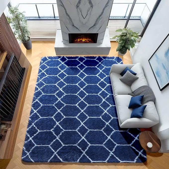 ONASAR Large 8x10 Area Rugs for Living Room, Fluffy Geometric Navy and White Rug for Boys Bedroom Home Decor Aesthetic, Soft Shaggy Plush Floor Carpet for Girls Teen Nursery Playroom Office Dorm