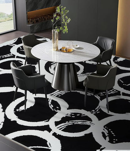 YIHOUSE Black Modern Geometric Area Rug 8x10, Black and White Rug with Abstract Circles,Non-Shedding Washable Rugs for Bedroom, Home Office and Living Room
