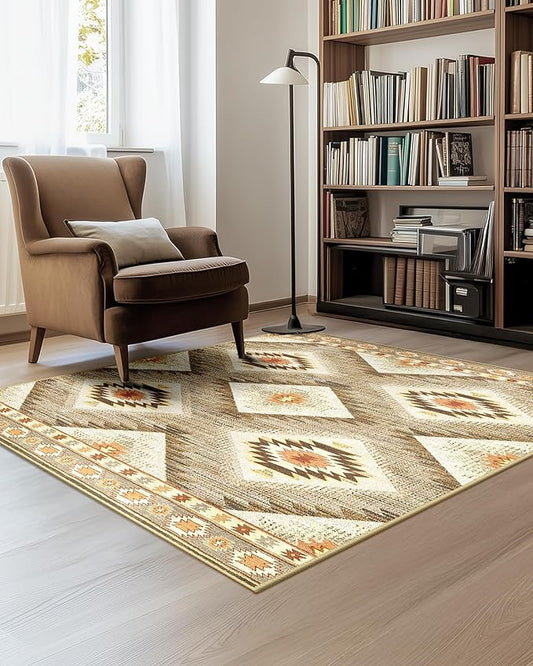 Area Rug 4x6 Rug Machine Washable Non-Slip Low Pile Print Pattern Western Rug for Living Room Bedroom Entryway Tribal Series -Cream/Camel