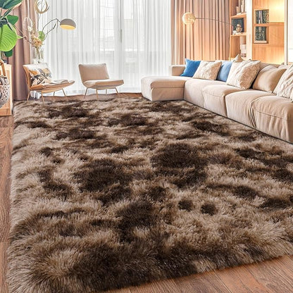 Extra Large Plush Rug High Pile Fluffy Rug for Living Room, Big Plush Non-Skid Shag Carpet, Soft Shaggy Rugs for Bedroom Indoor Modern Home Decor Tie Dye Coffee 9x12ft