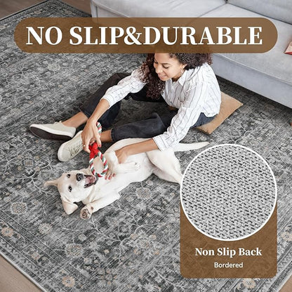 MontVoo-Vintage Area Rugs 8X10 Darkgrey Rugs for Living Room-Soft Distressed Printed Rugs for Bedroom-Non Slip Carpet-Machine Washable Rug for Dining Room Living Room Bedside Office