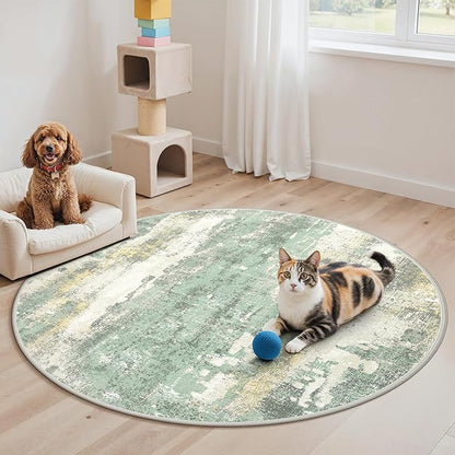 GENIMO Round Area Rugs 5FT for Living Room, Washable Circle Rug Low Pile, Non Slip Abstract Carpet for Bedroom, Enytryway, Kitchen, Light Green