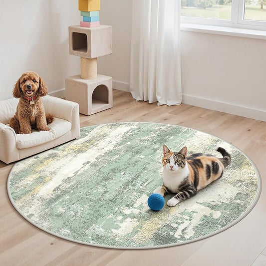 GENIMO Round Area Rugs 5FT for Living Room, Washable Circle Rug Low Pile, Non Slip Abstract Carpet for Bedroom, Enytryway, Kitchen, Light Green