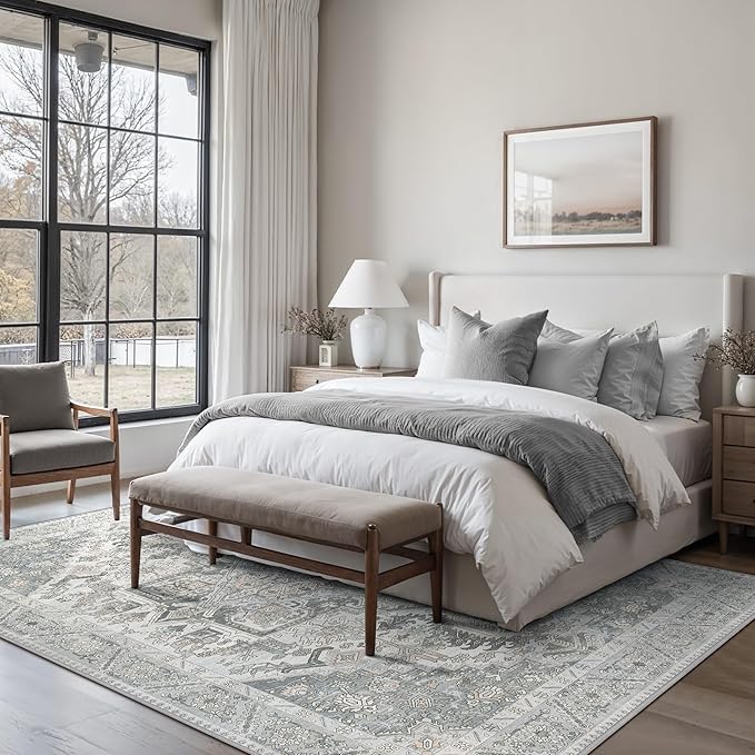 5x7 Area Rug Machine Washable Boho Rug for Living Room,Ultra-Thin Low Pile Carpet,Lightweight Indoor Printed Rug,Non Slip Floral Area Rug for Bedroom, Dining Room, Home Office,Grey Cyan