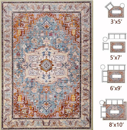 Washable Area Rugs 5x7, Low Pile Soft Vitnage Distressed Rug for Bedroom, Living Room, Dining Room, Non-Slip, Low Pile, Rust Brown