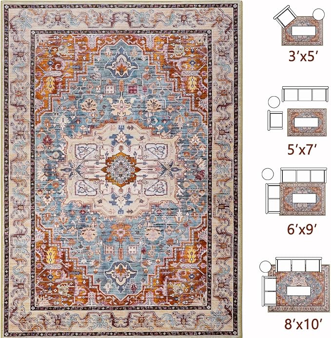 Washable Area Rugs 3x5, Low Pile Vintage Carpet, Non-Slip Distressed Rug for Bedroomn Living Room, Dining Room, Non-Slip, Low Pile, Rust Brown