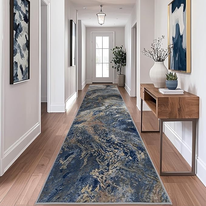 Abstract 2x6 Runner Rug: Modern Washable Rug for Entryway Hallway Bedside Kitchen Indoor - Non Slip Thin Low Pile - Blue Gold