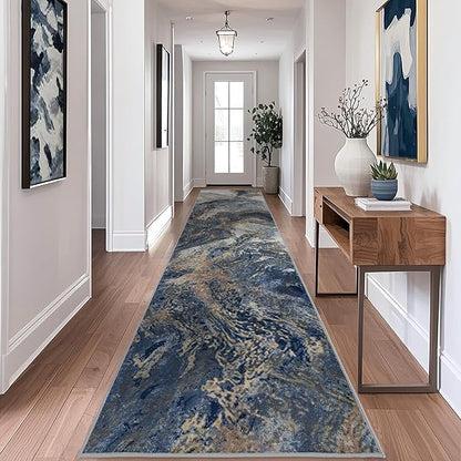 Abstract 2x6 Runner Rug: Modern Washable Rug for Entryway Hallway Bedside Kitchen Indoor - Non Slip Thin Low Pile - Blue Gold