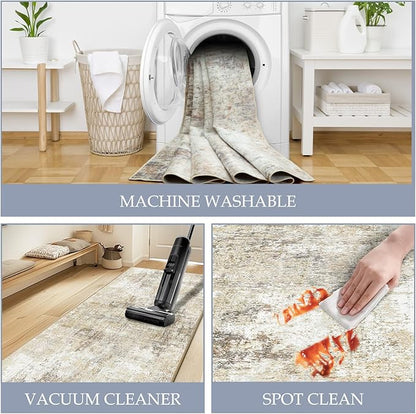 Washable Area Rugs 8ft Non-Slip Modern Abstract Soft for Living Room Entryway Bedroom Nursery, Print Pattern, Neutral Brown Gray