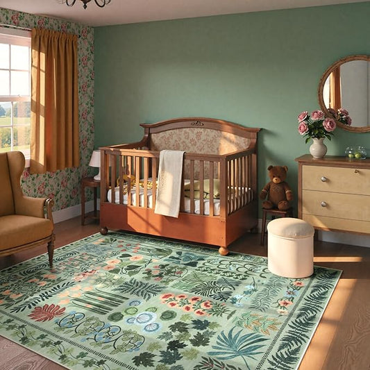 Floral Boho Washable 5x7 Area Rug for Living Room, Green Botanical Rug for Bedroom Dining Room Low Pile Non Slip, No Shed Large Carpet for Home Office Decor