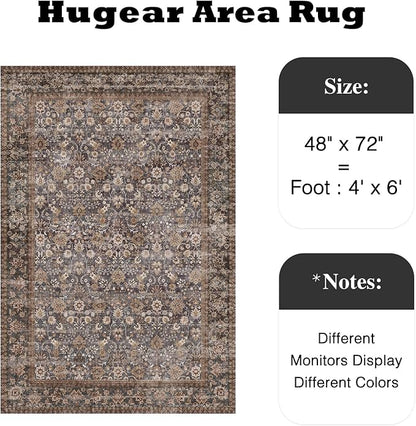 HUGEAR 4x6 Machine Washable Rugs Tradition Brown Hallway Area Rug Indoor Accent Rug Floral Low Pile Carpet Soft Throw Rug Bedroom Living Room Office Dining Room Kitchen Laundry Room Non Slip