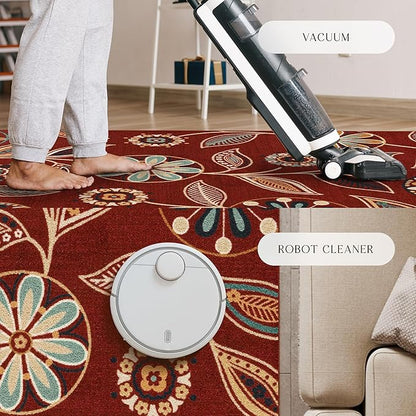 Maples Rugs Reggie Floral Runner Rug - Made in USA - Washable, Non Slip Indoor Carpet for Kitchen, Hallway, and Laundry Room, 2' x 9', Merlot