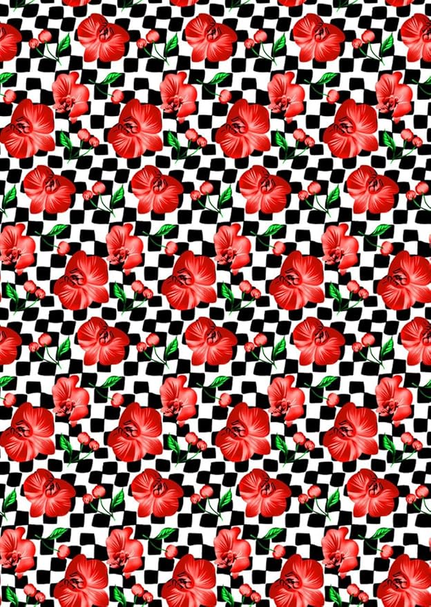 Black and White Checkerboard Pattern with Red Floral Pattern Area Rug for Living Room Bedroom Dining Room Office Guest Room Nursery Room Rustic Low Pile Thin Washable Indoor Mat 3x5