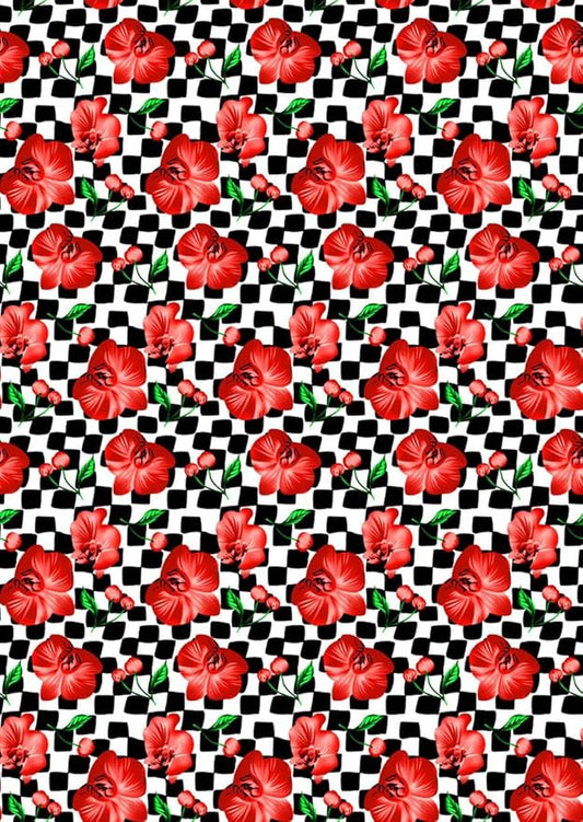 Black and White Checkerboard Pattern with Red Floral Pattern Area Rug for Living Room Bedroom Dining Room Office Guest Room Nursery Room Rustic Low Pile Thin Washable Indoor Mat 3x5