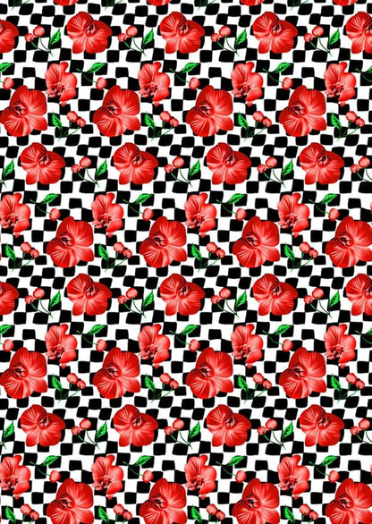 Black and White Checkerboard Pattern with Red Floral Pattern Area Rug for Living Room Bedroom Dining Room Office Guest Room Nursery Room Rustic Low Pile Thin Washable Indoor Mat 9x12