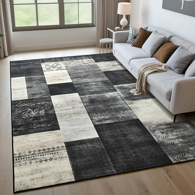 Tepook Modern Area Rug for Living Room, 6x9 Geometric Large Rugs for Bedroom, Washable Patchwork Rug Indoor Non-Slip Throw Carpets for Dining Room Office Farmhouse Home Decor, Black and White