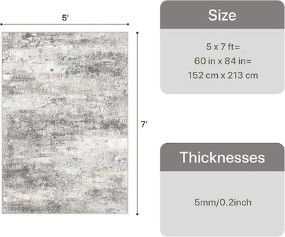 5x7 Area Rugs Washable Grey Rug for Living Room Bedroom, Modern Abstract Large Rug Non Slip, Water Repellent Low Pile Soft Carpet for Dining Room, Home Office, Grey Beige